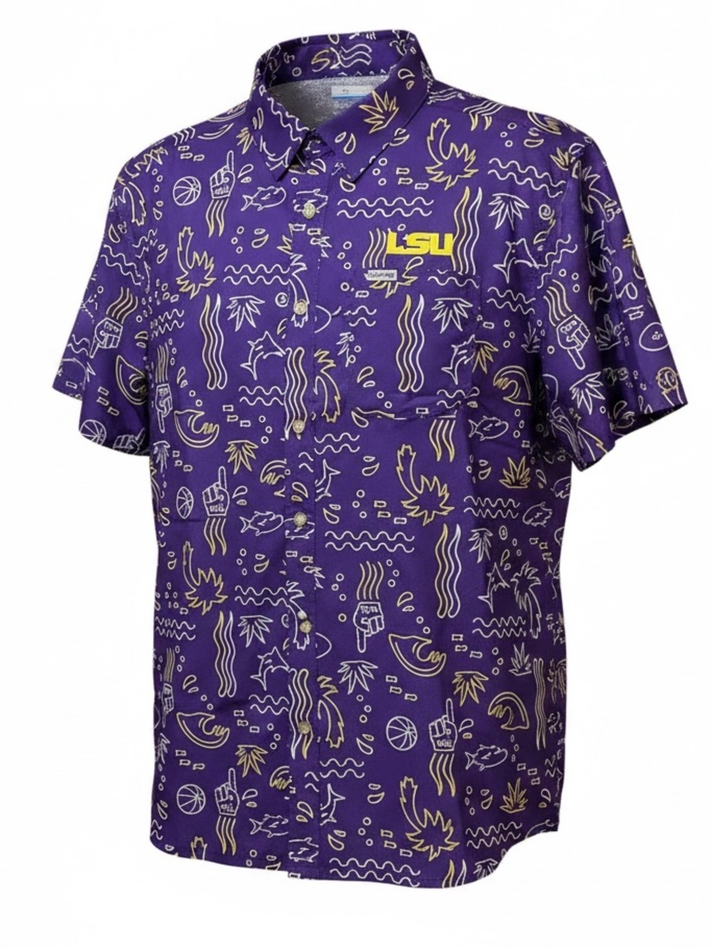 COLUMBIA - LSU theme Performance Fishing Gear button front shirt Large - NWT!